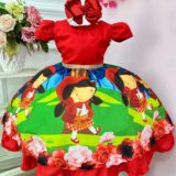 Fantasia Vestido Chapeuzinho Vermelho Floral com Capuz