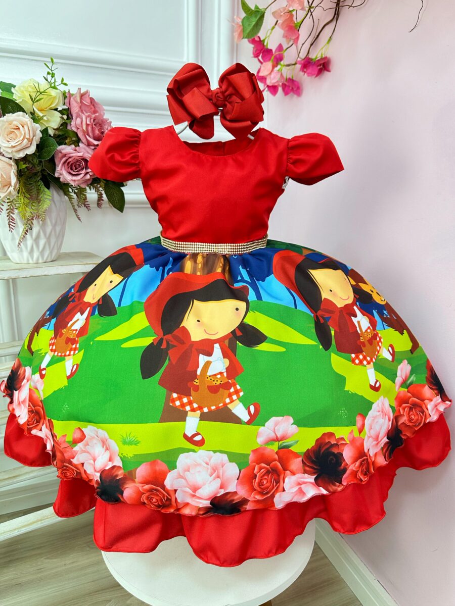 Fantasia Vestido Chapeuzinho Vermelho Floral com Capuz