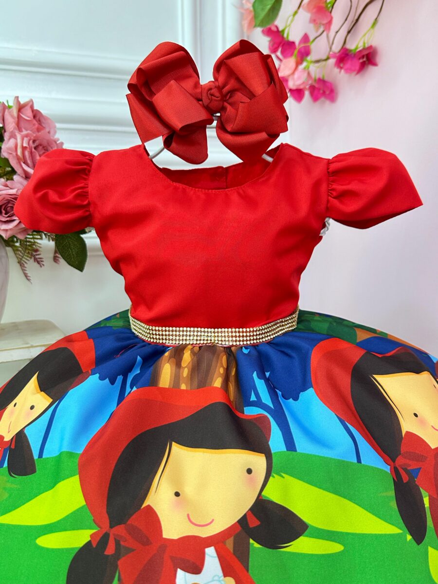Fantasia Vestido Chapeuzinho Vermelho Floral com Capuz