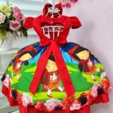 Fantasia Vestido Chapeuzinho Vermelho Floral com Capuz