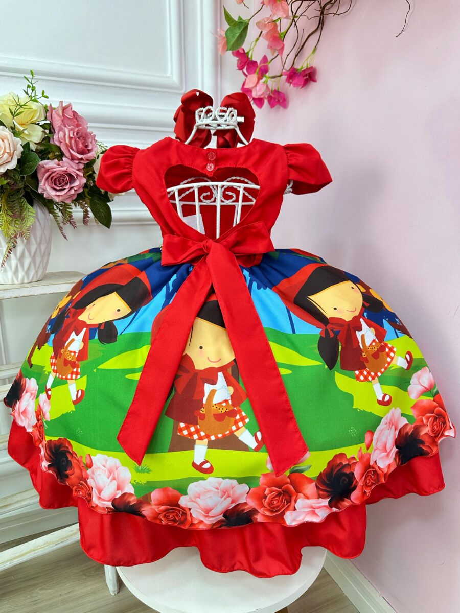 Fantasia Vestido Chapeuzinho Vermelho Floral com Capuz
