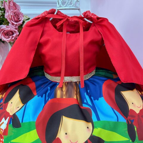 Fantasia Vestido Chapeuzinho Vermelho Floral com Capuz