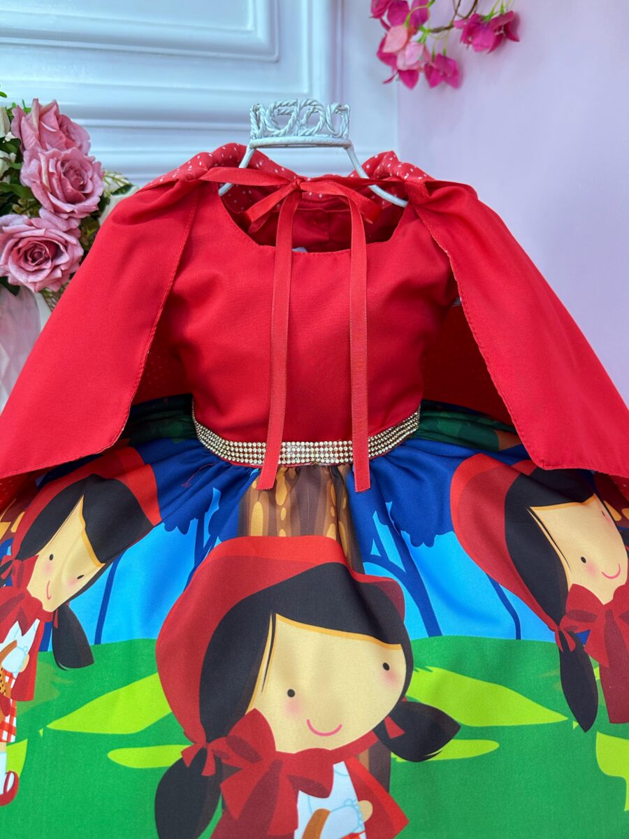 Fantasia Vestido Chapeuzinho Vermelho Floral com Capuz