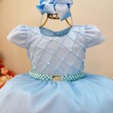 Vestido Infantil Longo Azul Claro Busto Nervura Daminha