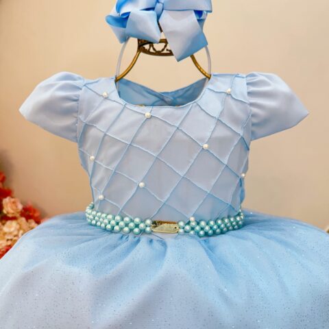 Vestido Infantil Longo Azul Claro Busto Nervura Daminha
