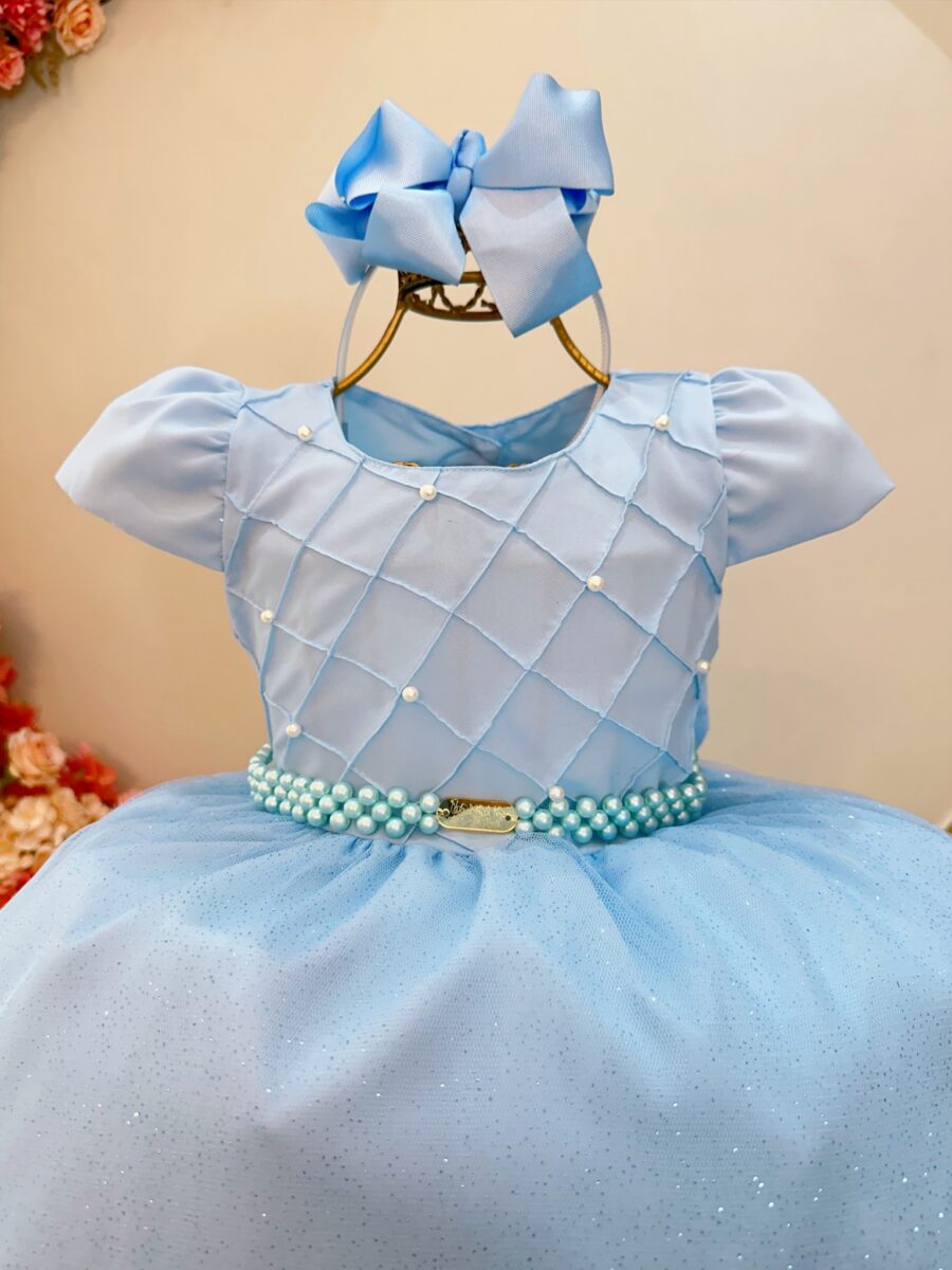Vestido Infantil Longo Azul Claro Busto Nervura Daminha