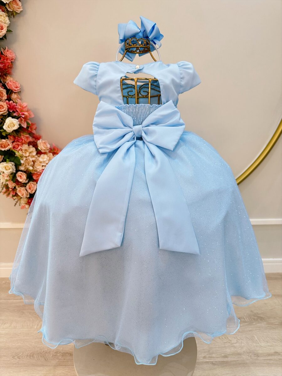 Vestido Infantil Longo Azul Claro Busto Nervura Daminha