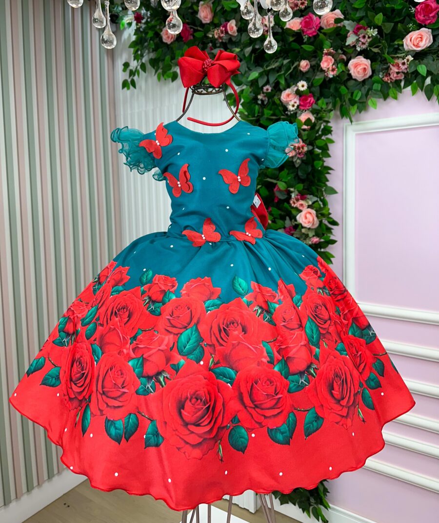 Vestido Infantil Marie Lola Verde Florido Natal