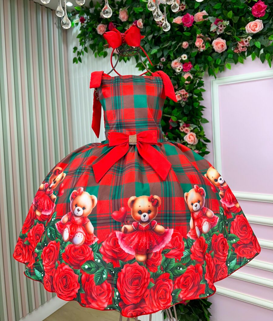 Vestido Infantil Natal Madeline Marie Ursinho Xadrez