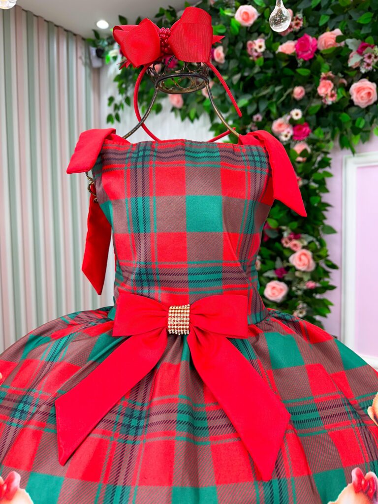 Vestido Infantil Natal Madeline Marie Ursinho Xadrez