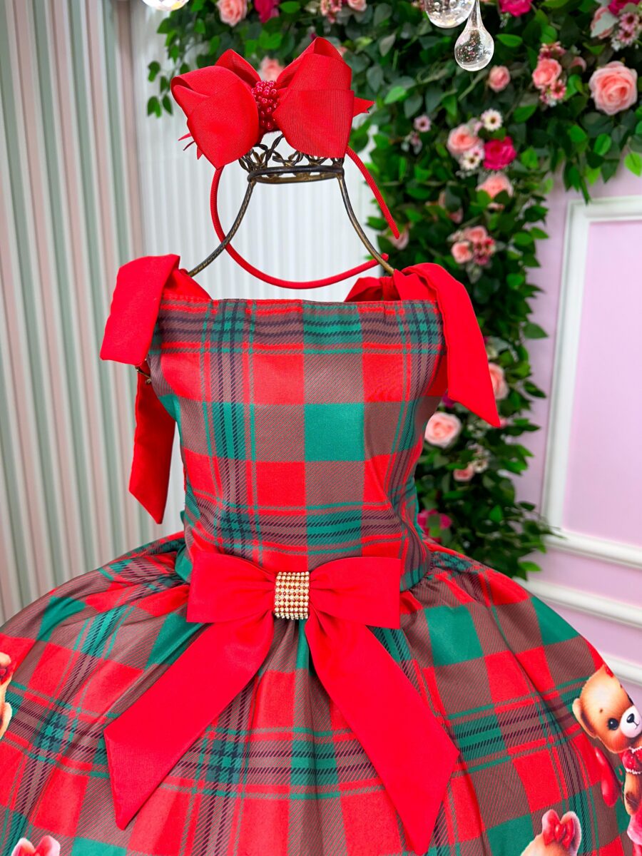 Vestido Infantil Natal Madeline Marie Ursinho Xadrez