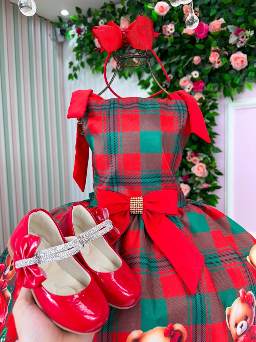 Vestido Infantil Natal Madeline Marie Ursinho Xadrez