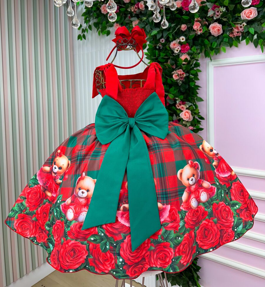 Vestido Infantil Natal Madeline Marie Ursinho Xadrez