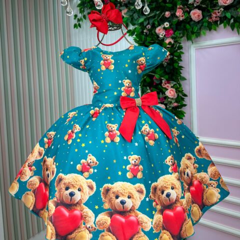 Vestido Infantil Natal Milena Marie Ursinhos Verde