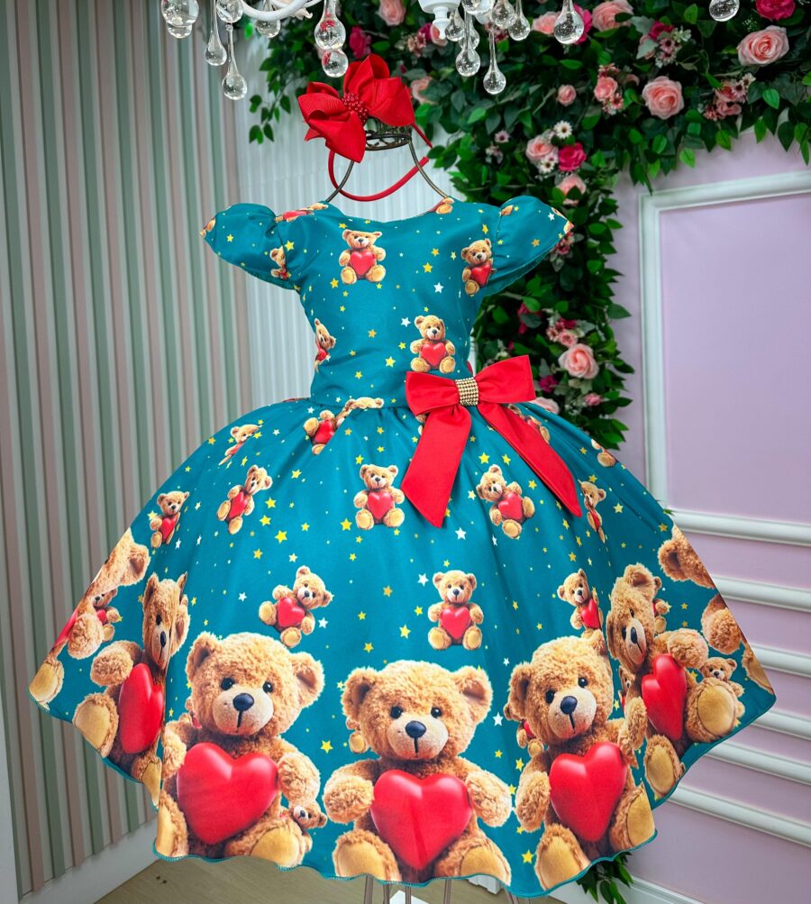 Vestido Infantil Natal Milena Marie Ursinhos Verde