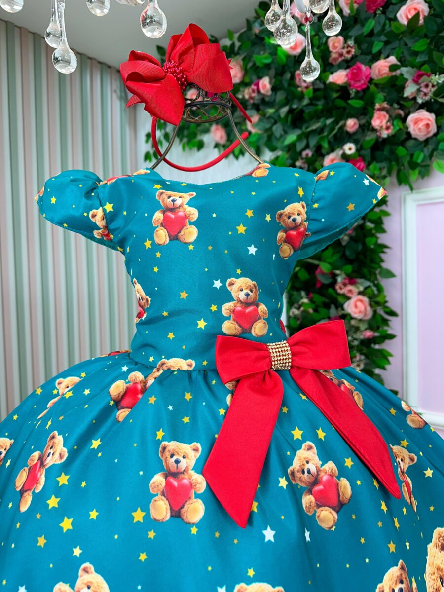 Vestido Infantil Natal Milena Marie Ursinhos Verde
