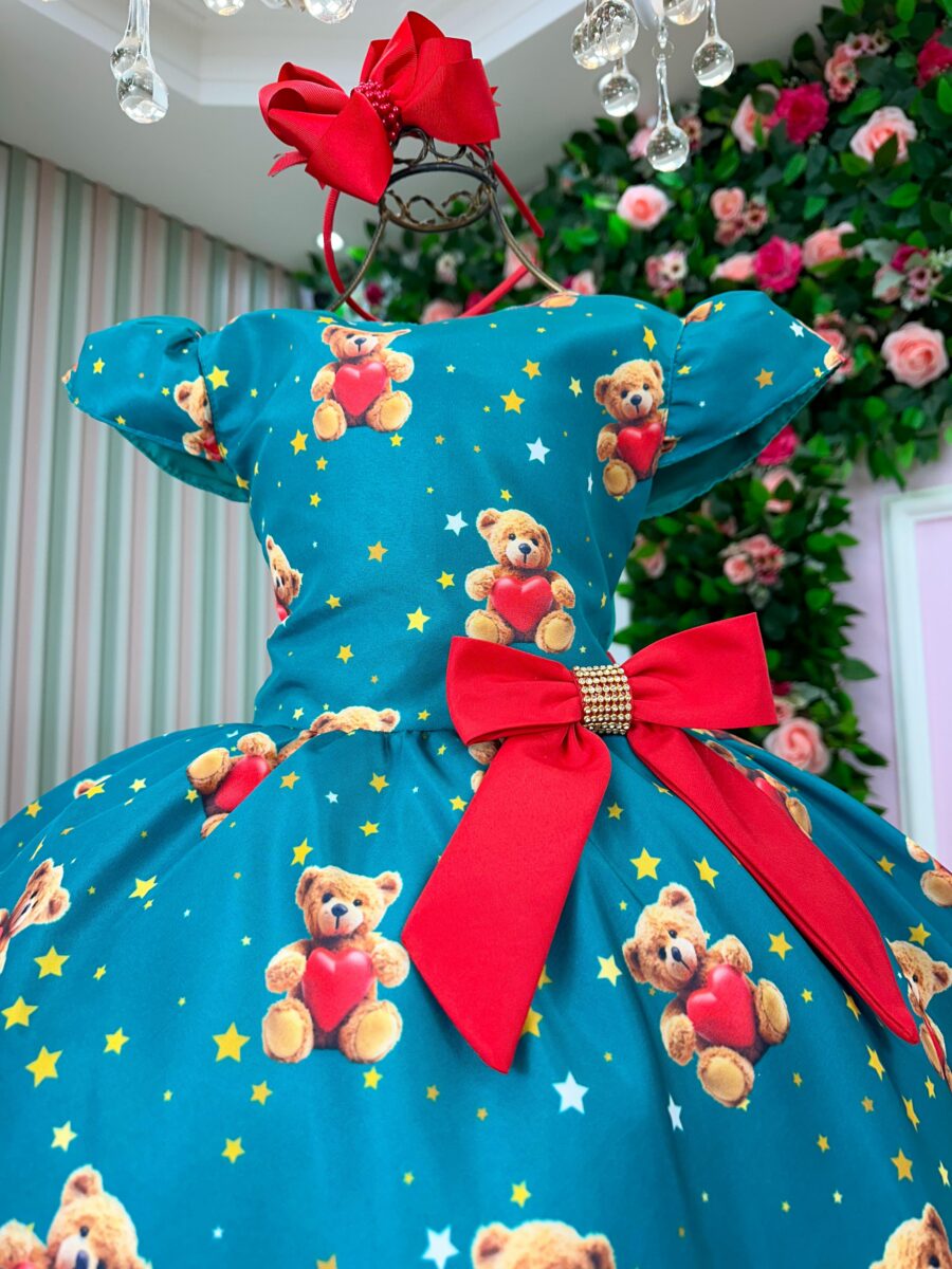 Vestido Infantil Natal Milena Marie Ursinhos Verde