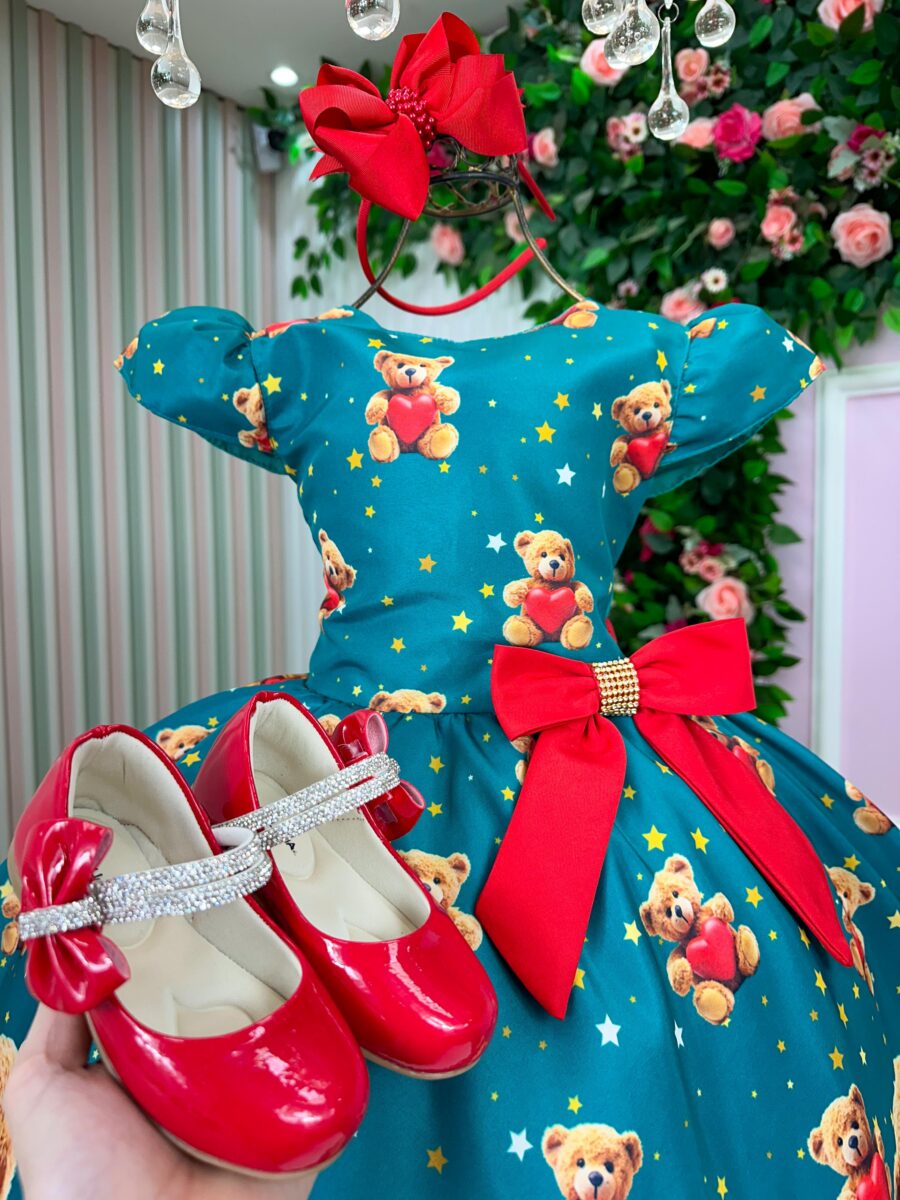 Vestido Infantil Natal Milena Marie Ursinhos Verde