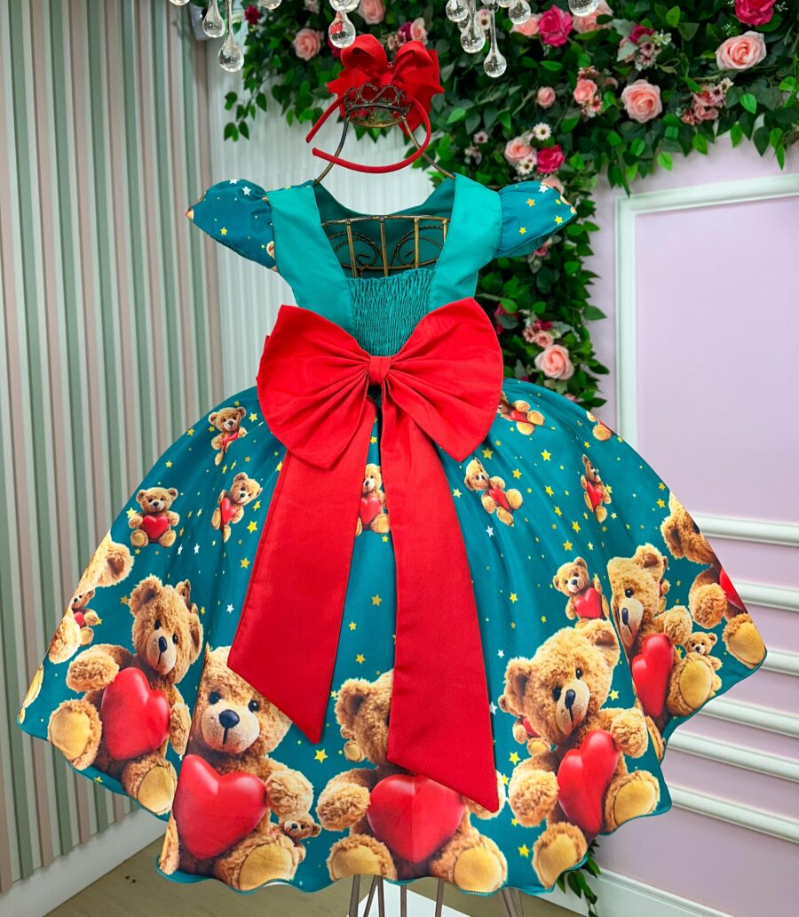 Vestido Infantil Natal Milena Marie Ursinhos Verde