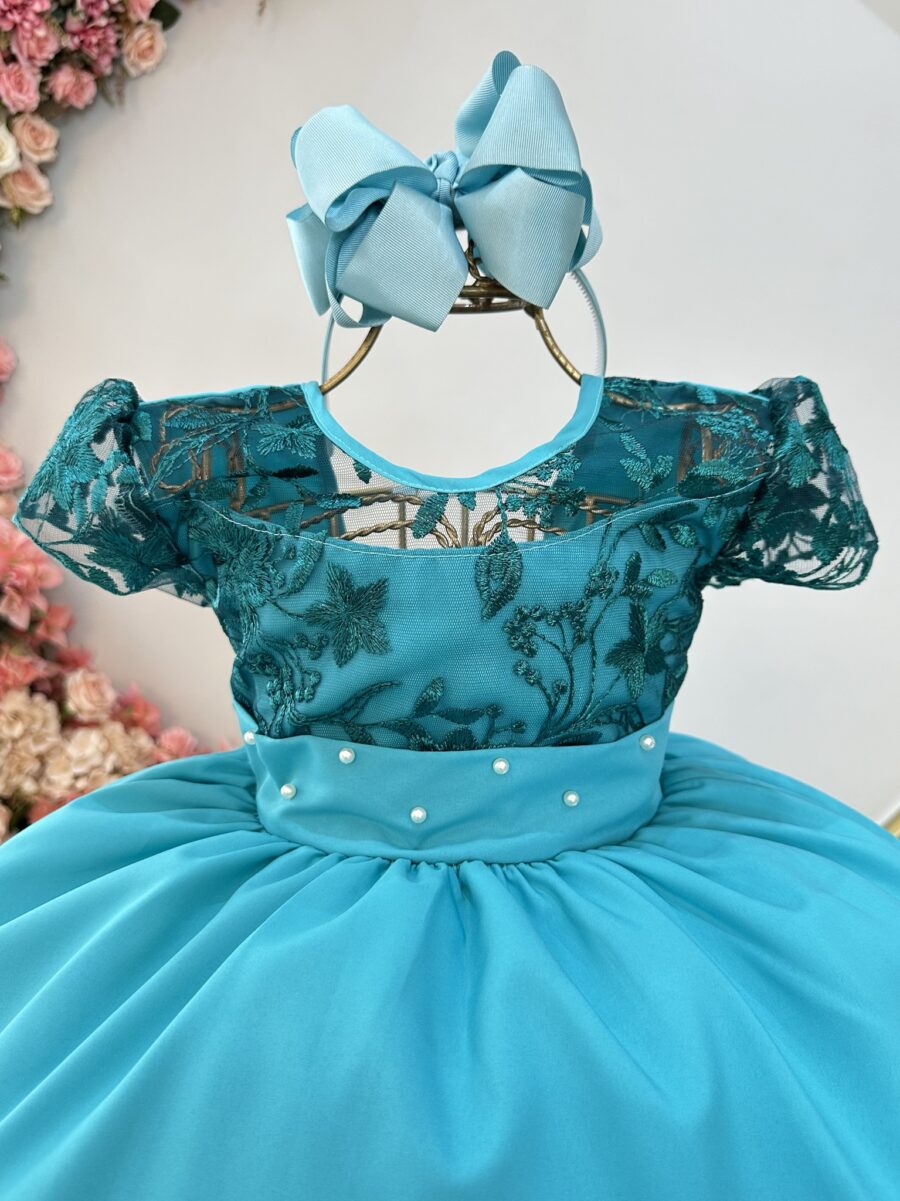 Vestido Infantil Longo Verde Bandeira Busto com Renda