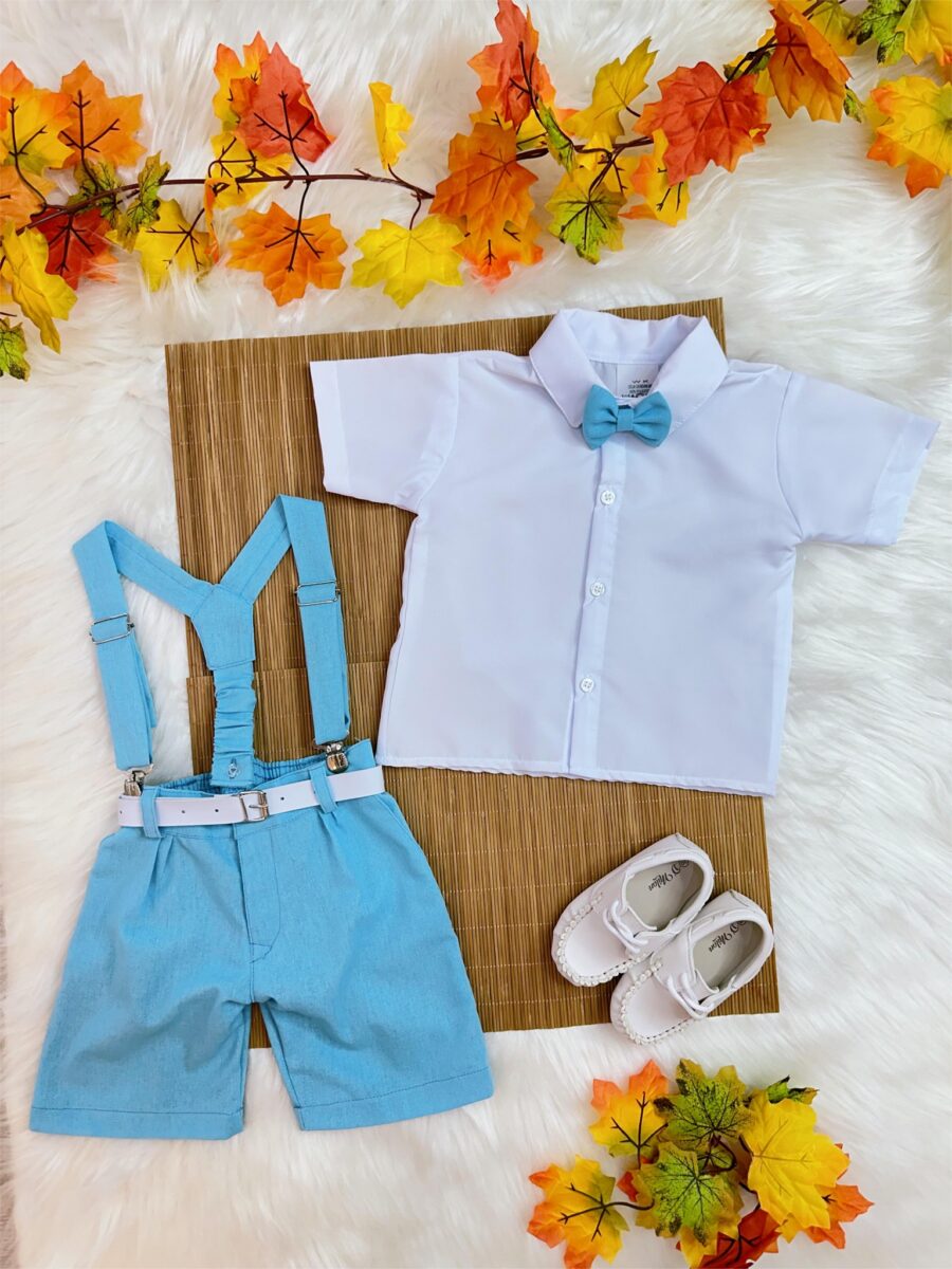Conjunto Infantil Camisa Branca Short Suspensório Gravata