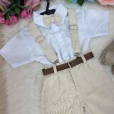Conjunto Infantil Miss Cherry Luiz Linho Bege Suspensório