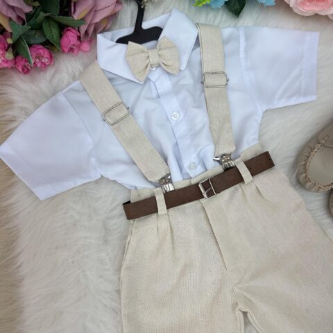 Conjunto Infantil Miss Cherry Luiz Linho Bege Suspensório