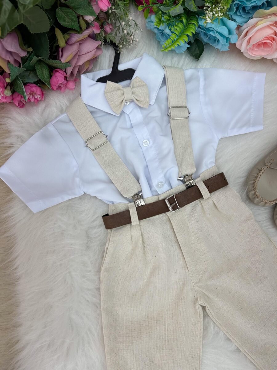 Conjunto Infantil Miss Cherry Luiz Linho Bege Suspensório
