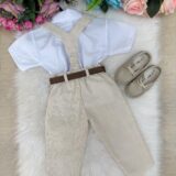 Conjunto Infantil Miss Cherry Luiz Linho Bege Suspensório