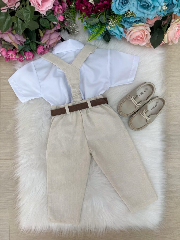 Conjunto Infantil Miss Cherry Luiz Linho Bege Suspensório