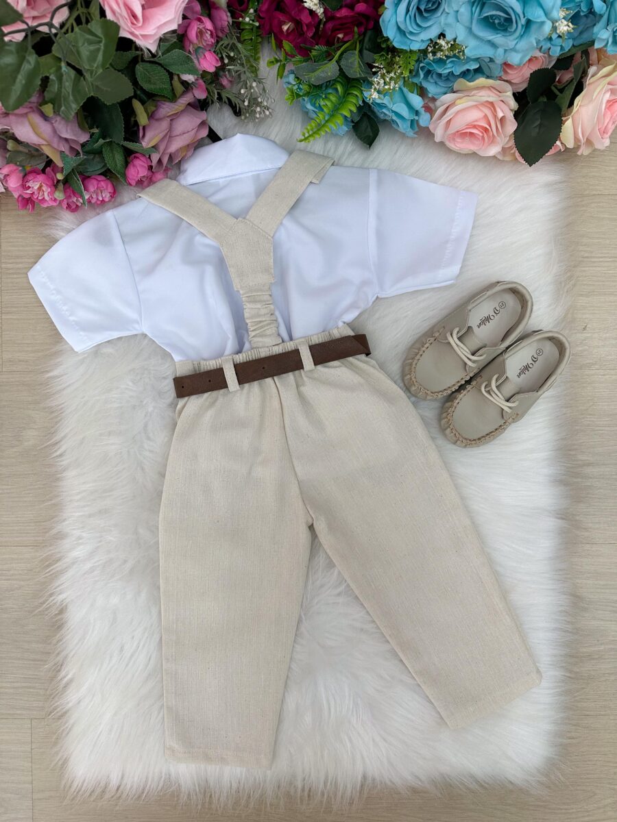 Conjunto Infantil Miss Cherry Luiz Linho Bege Suspensório