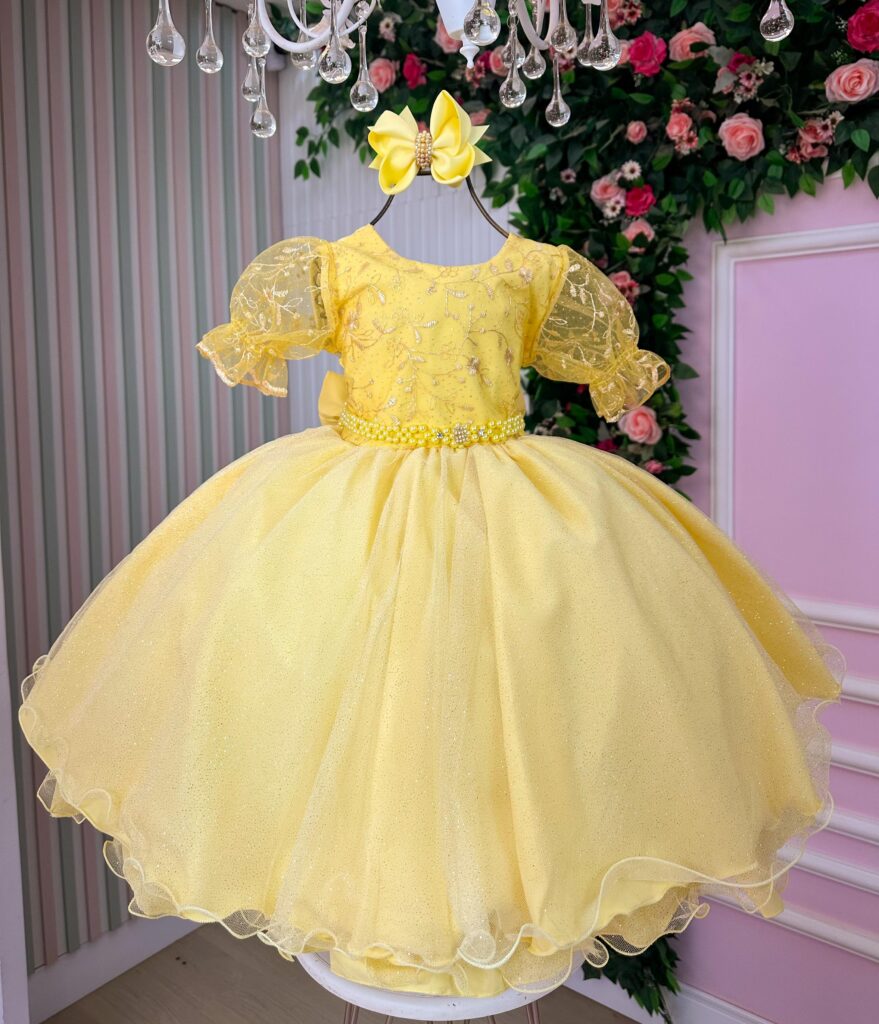 Vestido Infantil Bella Child Laize Amarelo Tule e Renda