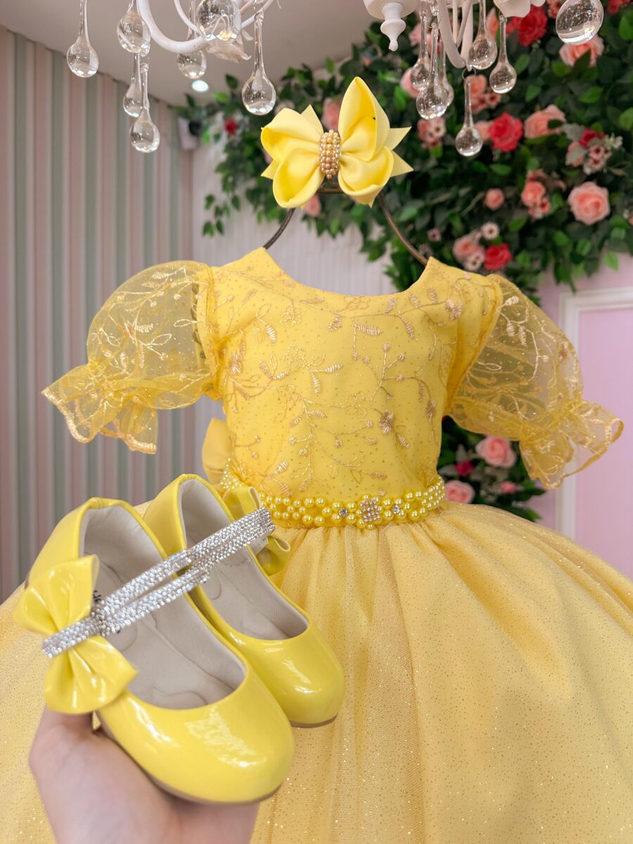 Vestido Infantil Bella Child Laize Amarelo Tule e Renda