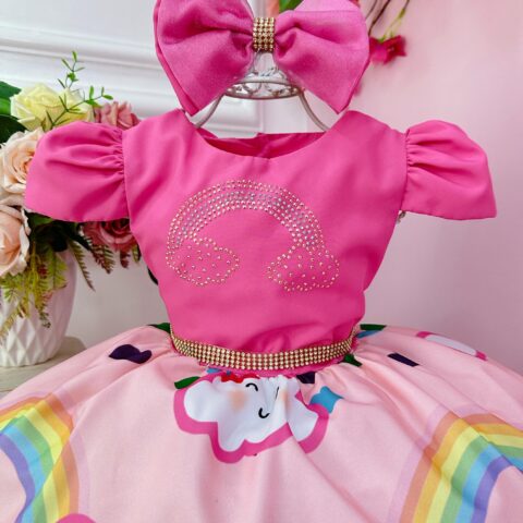 Vestido Infantil Chuva de Bênçãos Amor Pink Strass C/ Tiara