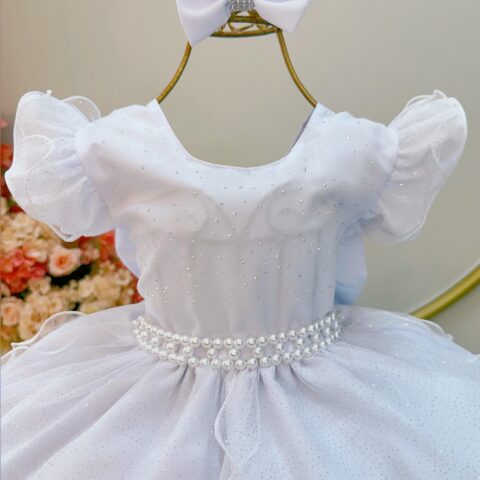 Vestido Infantil Branco Saia Tule Glitter com Laço
