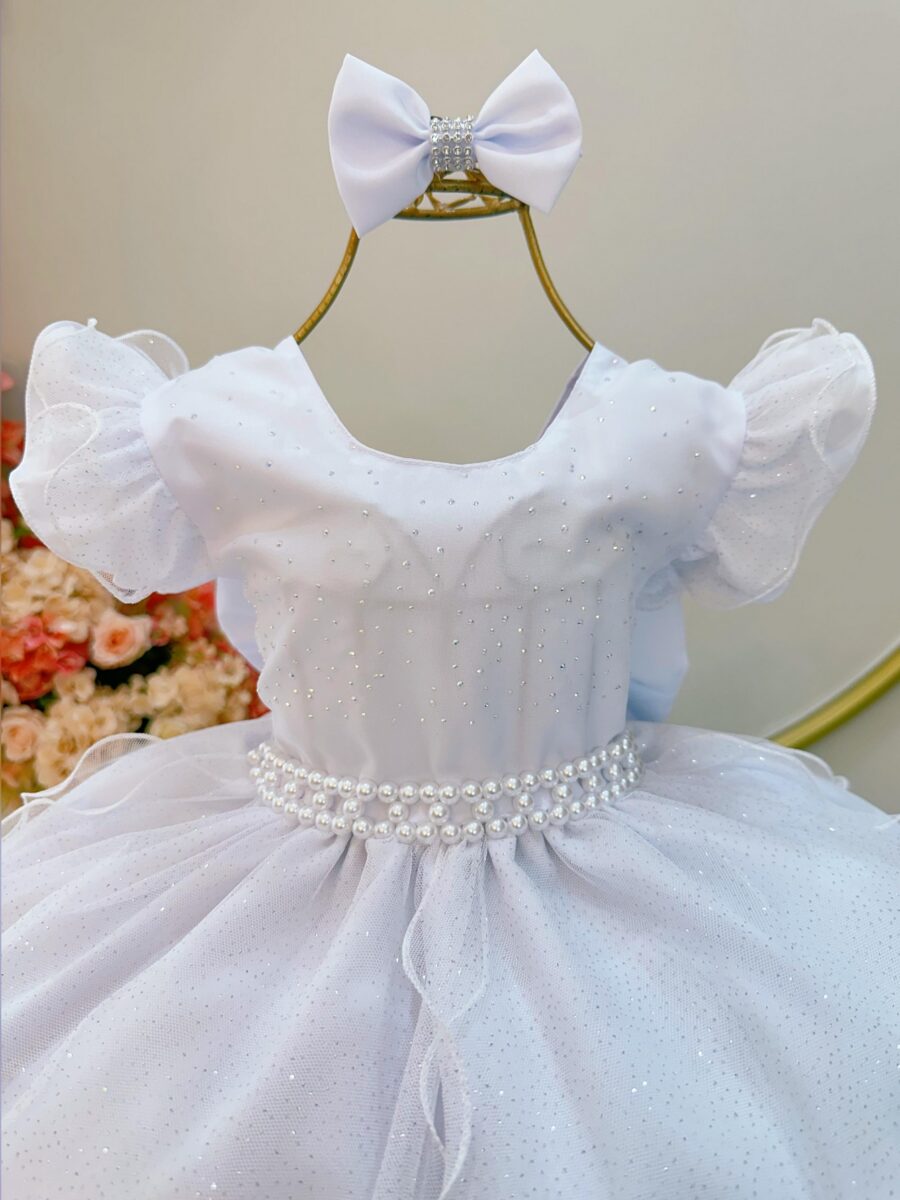 Vestido Infantil Branco Saia Tule Glitter com Laço