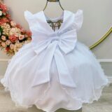 Vestido Infantil Branco Saia Tule Glitter com Laço