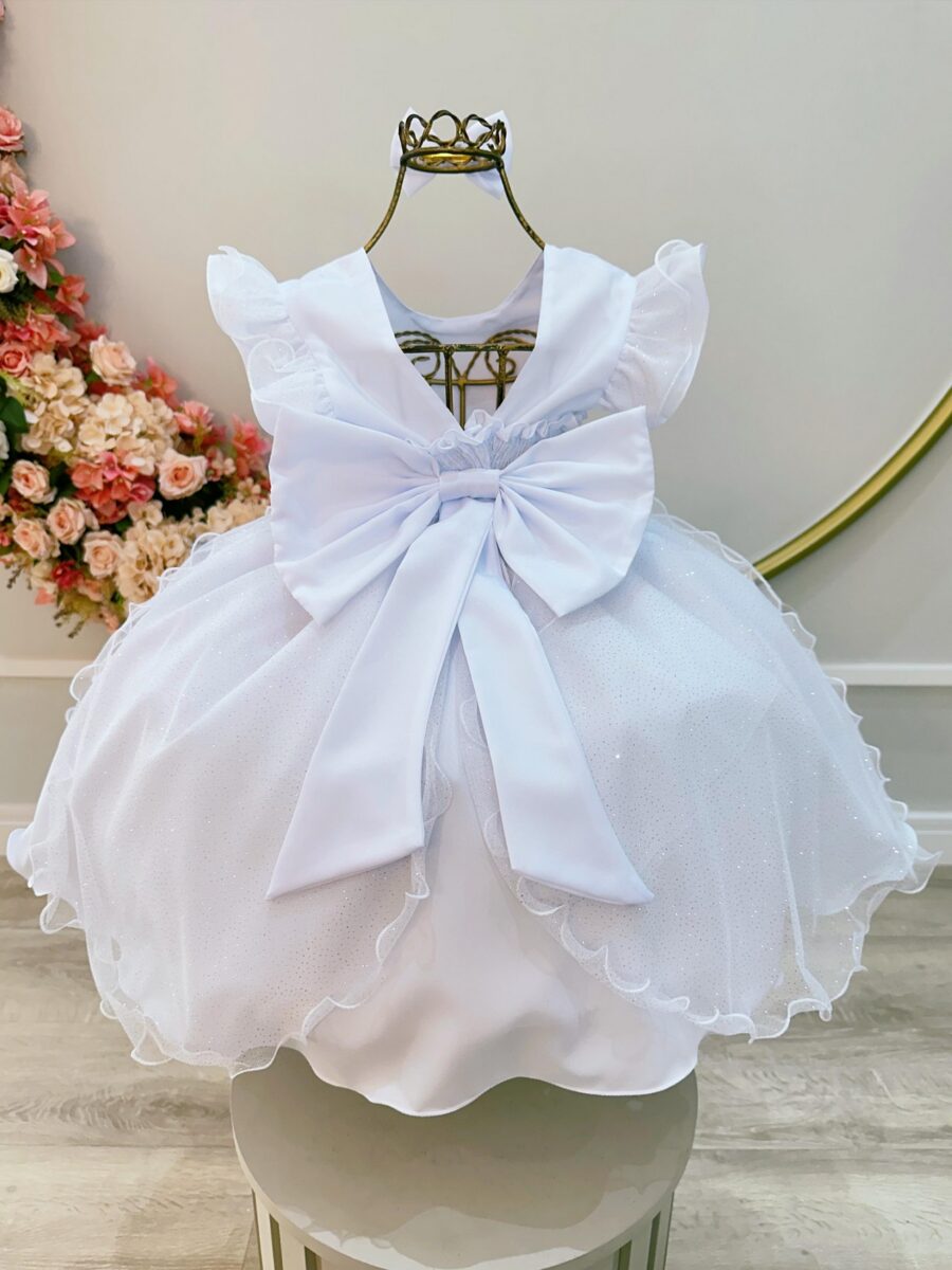 Vestido Infantil Branco Saia Tule Glitter com Laço