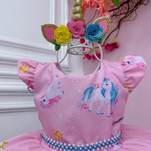 Vestido Infantil Unicórnio Rosa com Cinto de Pérolas
