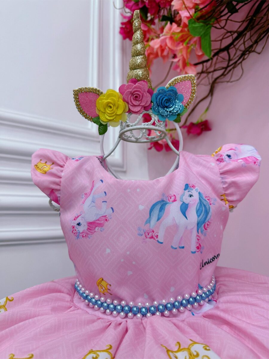 Vestido Infantil Unicórnio Rosa com Cinto de Pérolas