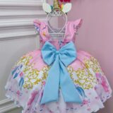 Vestido Infantil Unicórnio Rosa com Cinto de Pérolas