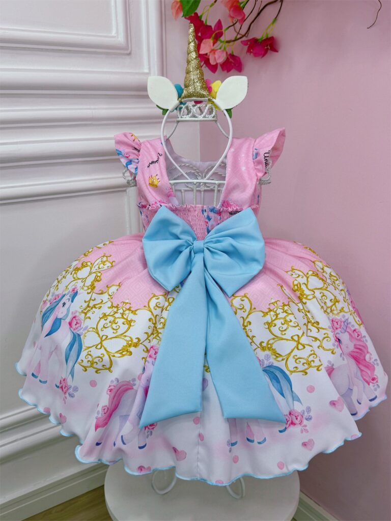 Vestido Infantil Unicórnio Rosa com Cinto de Pérolas