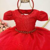 Vestido Infantil Vermelho Renda Cinto de Pérolas e Tiara