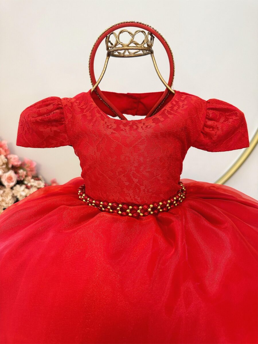 Vestido Infantil Vermelho Renda Cinto de Pérolas e Tiara