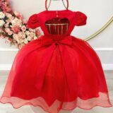 Vestido Infantil Vermelho Renda Cinto de Pérolas e Tiara