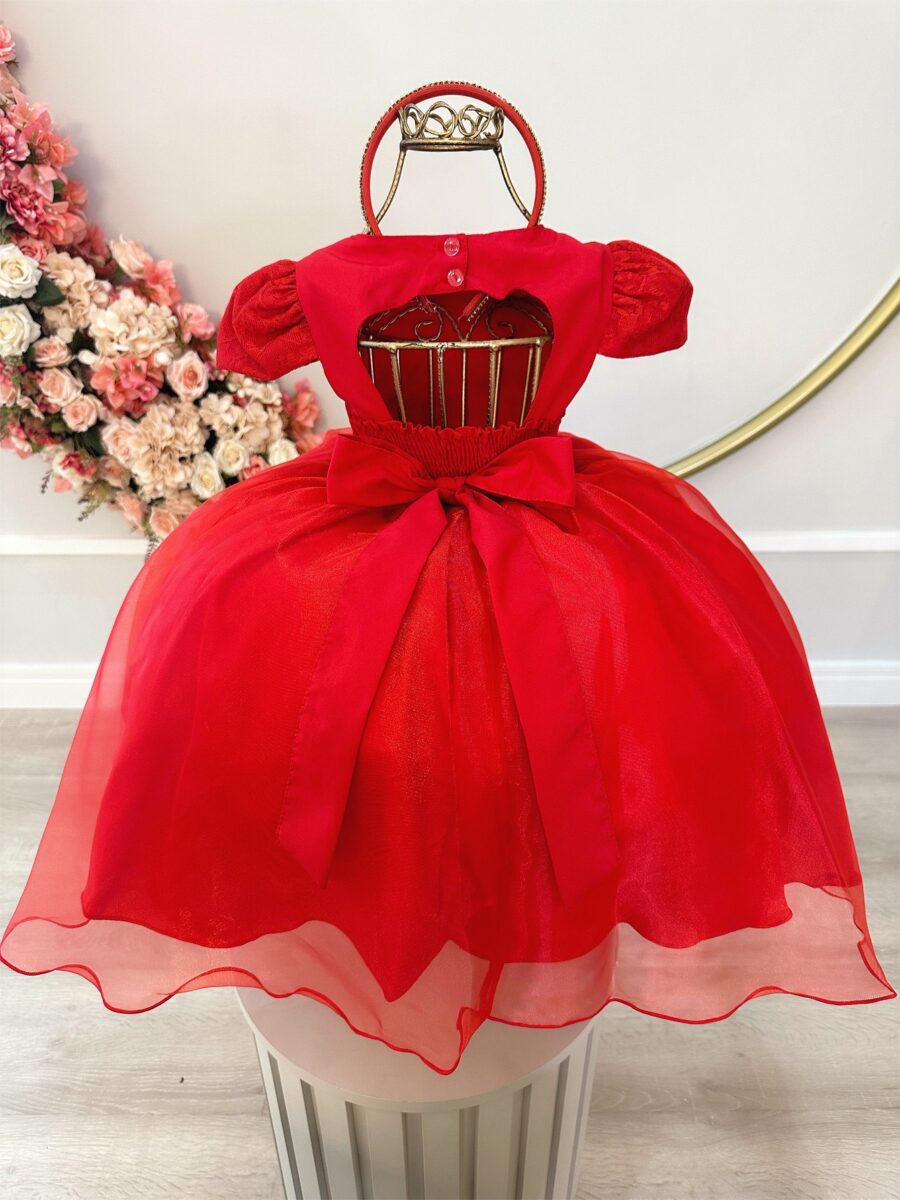 Vestido Infantil Vermelho Renda Cinto de Pérolas e Tiara