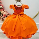 Vestido Infantil Terracota Busto Nervura Cinto de Pérolas