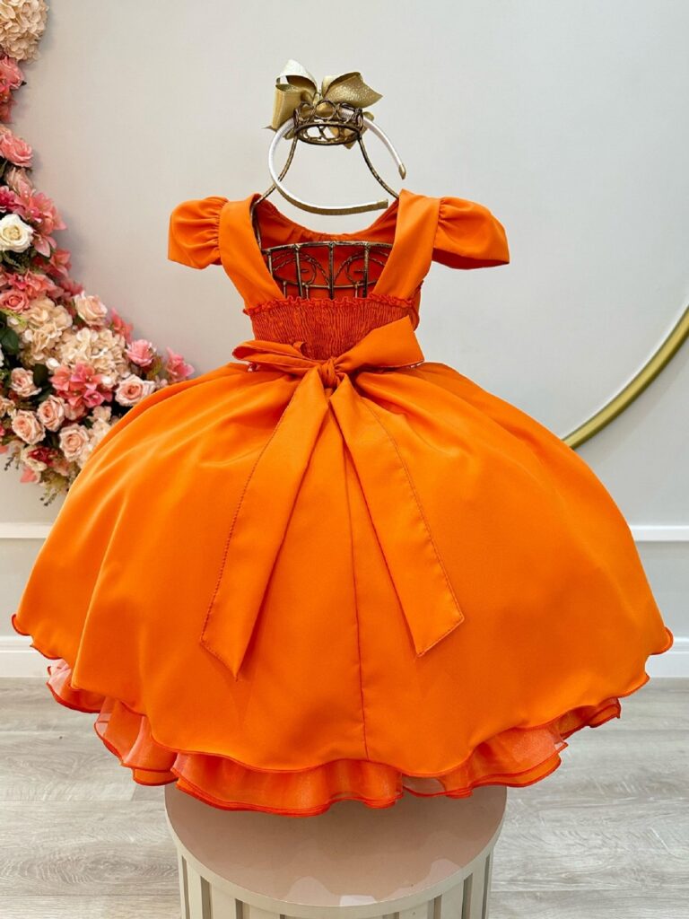 Vestido Infantil Terracota Busto Nervura Cinto de Pérolas
