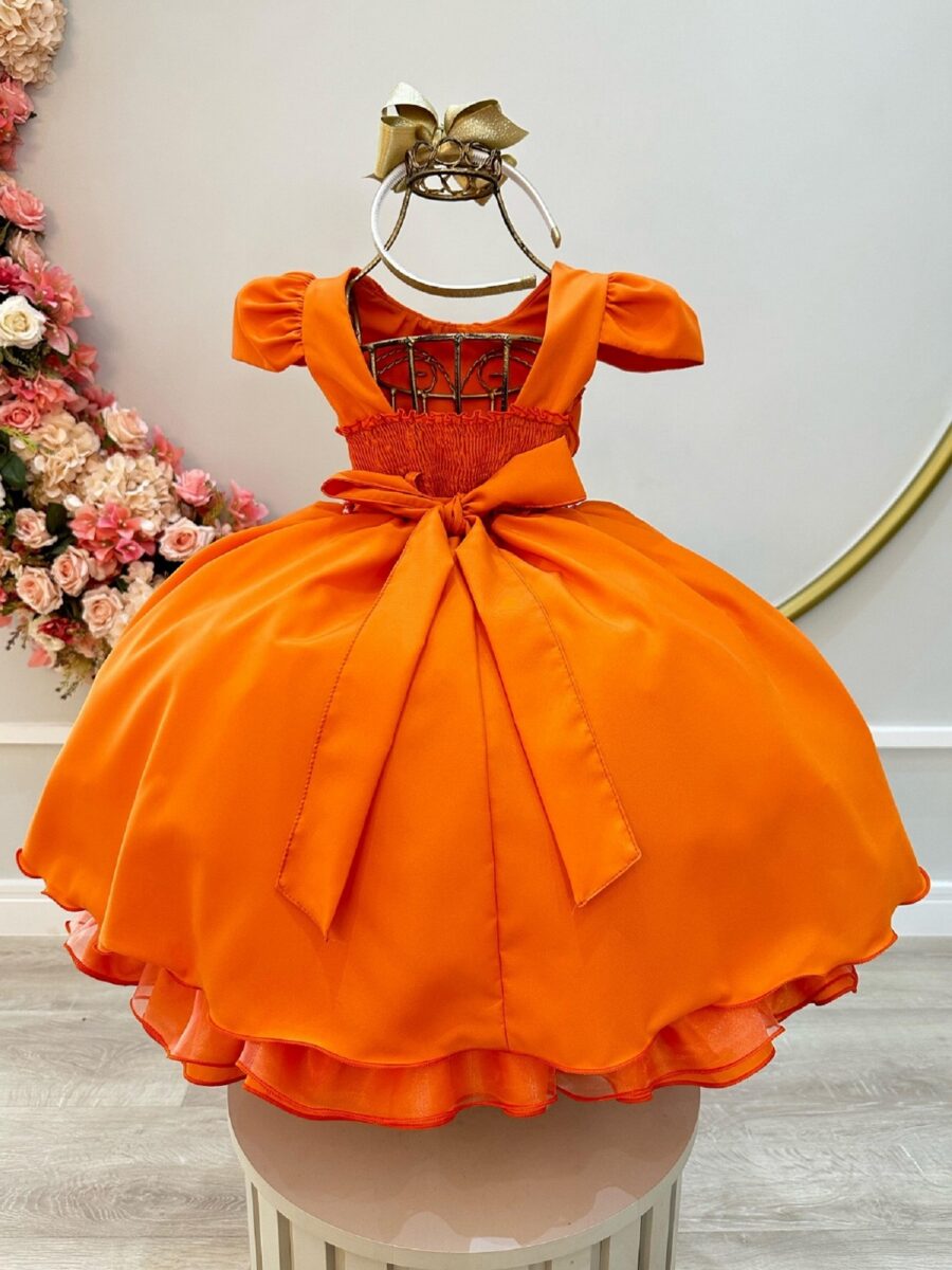 Vestido Infantil Terracota Busto Nervura Cinto de Pérolas