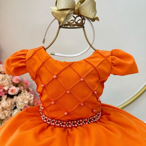 Vestido Infantil Terracota Busto Nervura C/ Cinto de Pérolas